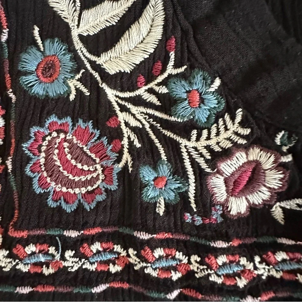 Embroidered Boho Peasant Dress L Black Floral Long Sleeve Midi‎ Cottage Festival